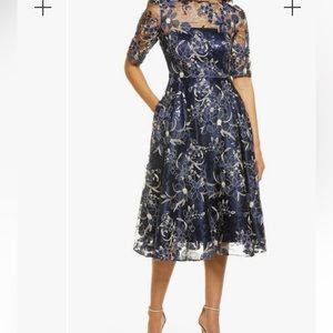 Navy Sequin Floral Embroidery Midi dress - Eliza J